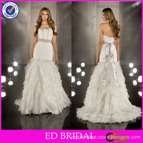 EW83 2013 Scoop Neckline Drop Waist White Wedding Dress With Grey Sash